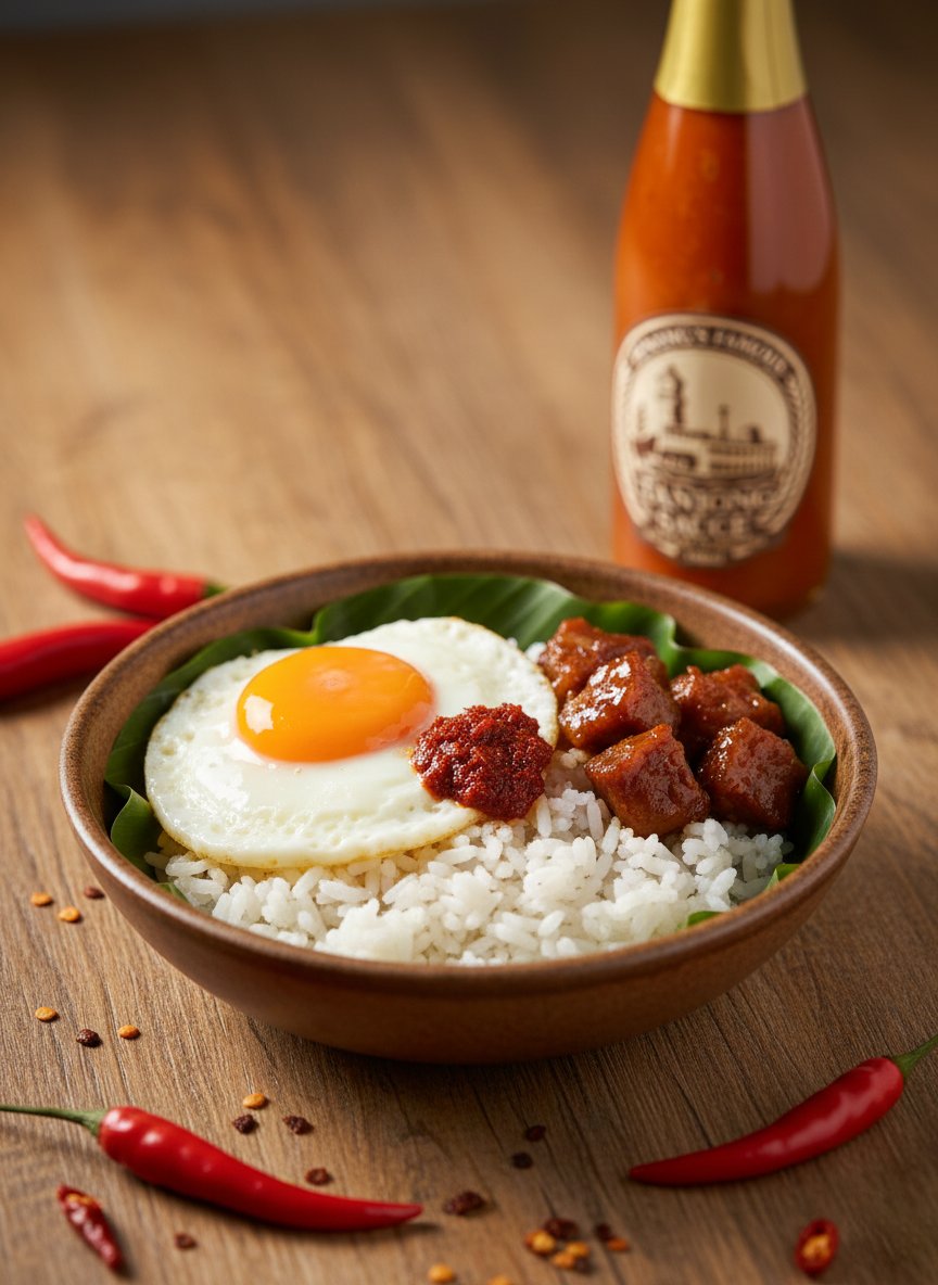 Nasi goreng with egg and meat - Malaysian classic with Tanjong Sauce