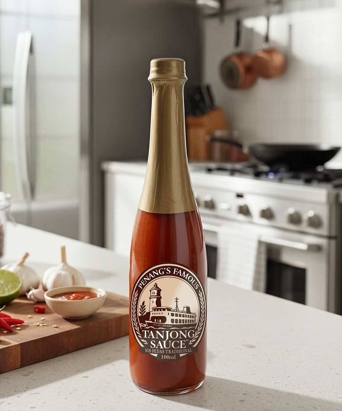 Tanjong Sauce bottle in kitchen - premium lifestyle shot