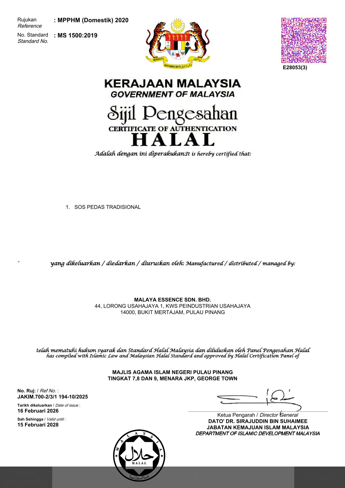 JAKIM Halal Certificate - MS 1500