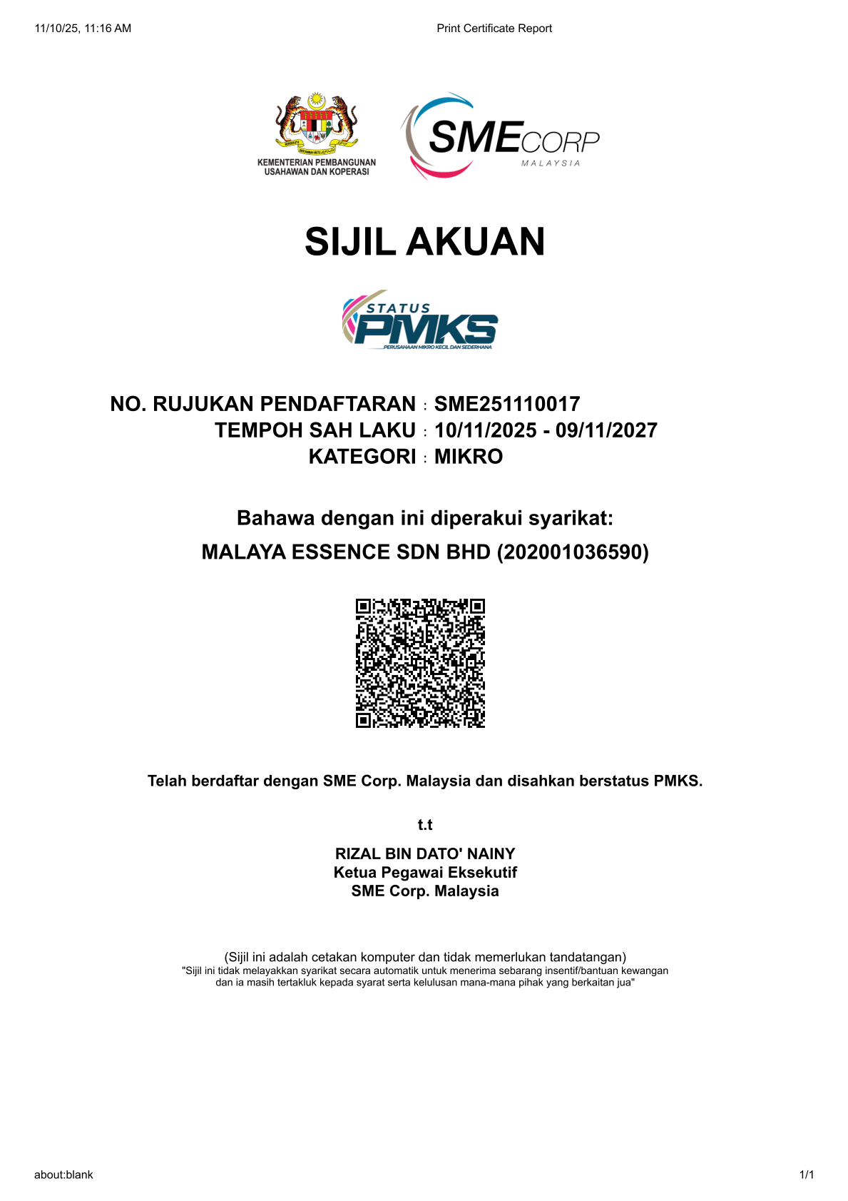 SME Corp Certificate 2025