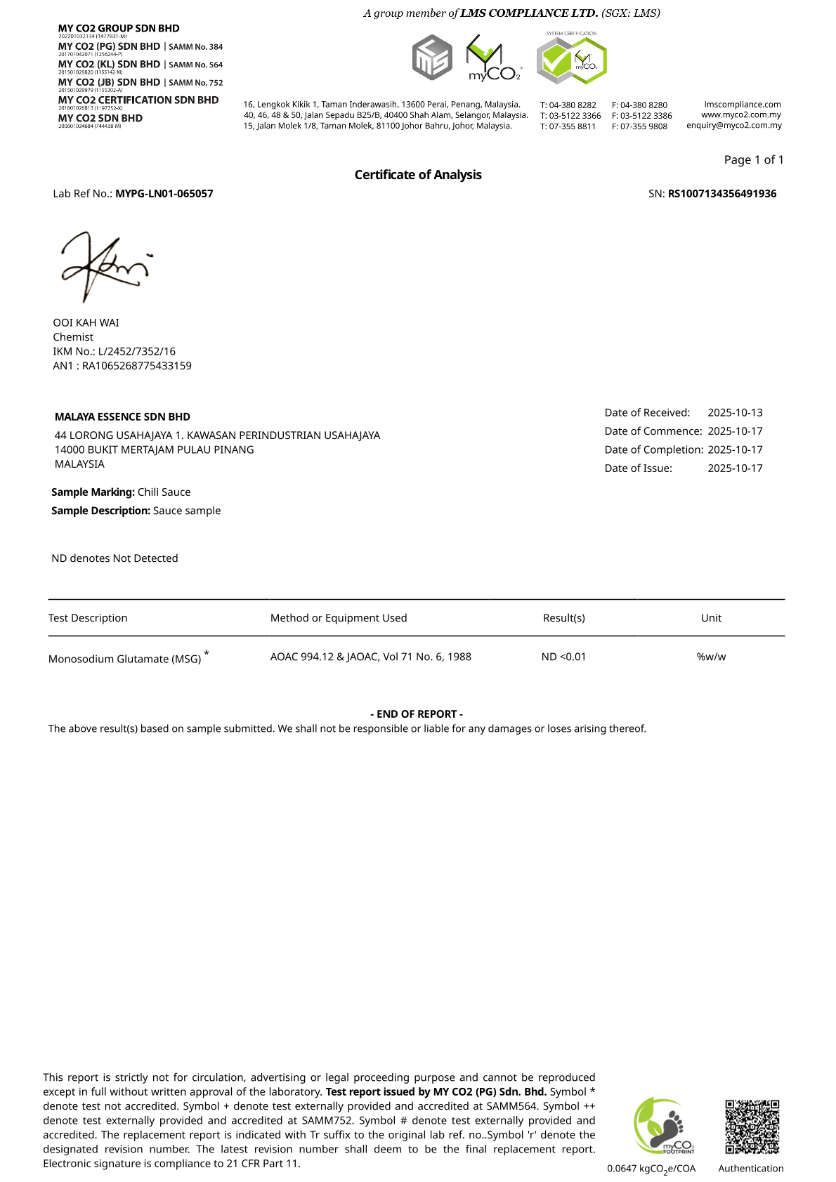 Certificate of Analysis 2026